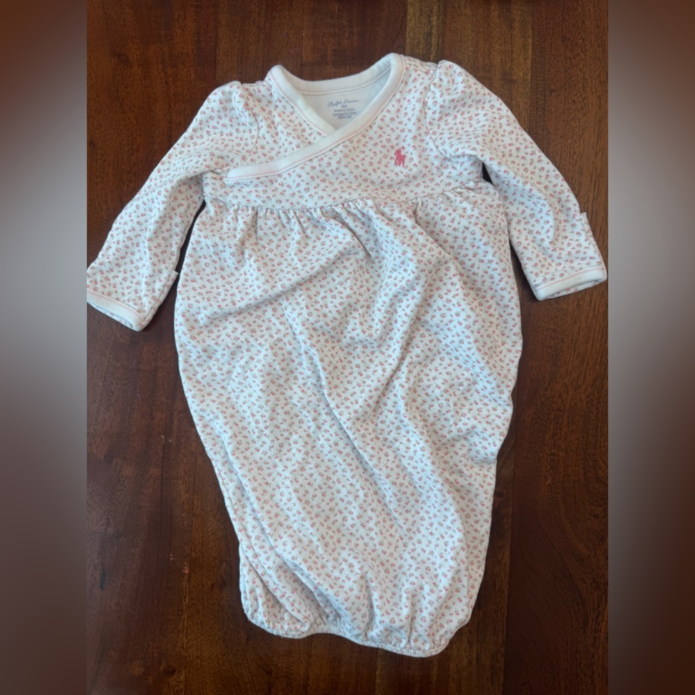 Ralph Lauren White Baby Floral Gown with Pink Accents